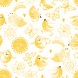 Cartoon spring pattern. Easter vector background with cute bunnies, chickens, butterflies, daffodils.  Perfect for wallpaper, wrapping, fabric and textile, invitation, card, tile, print.