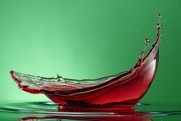 Poster - High-speed photography freezes a splash of red liquid against a contrasting green background, showing motion and fluidity