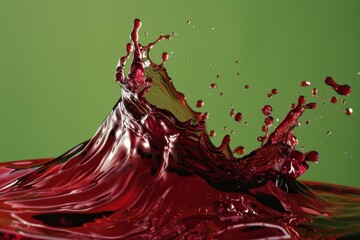 Poster - Evocative of dynamic energy, a rich crimson splash and scattering droplets are captured crisply against a green backdrop