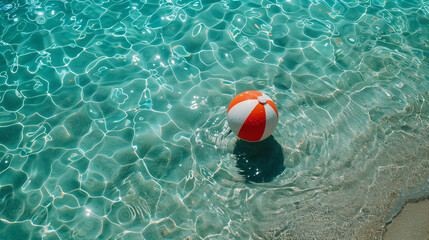 top view of a beautiful white and red ball on the blue water of the sea near the shore on a beach where there is no one, associations with recreation on the water and various activities