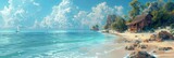 Fototapeta Przestrzenne - Tropical seashore with cottage background. Sunny sea lagoon with sand and palm trees with bright sky and sailboat in ocean waves