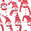 Seamless background with snowmen. Cute snowmen in red winter hats and scarves. Winter Pattern. Crowd. Vector illustration