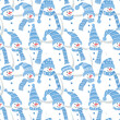 Seamless background with snowmen. Cute snowmen in blue winter hats and scarves. Winter Pattern. Crowd. Vector illustration
