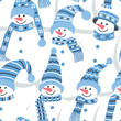 Seamless background with snowmen. Cute snowmen in blue winter hats and scarves. Winter Pattern. Christmas Background. Crowd. Vector illustration.