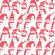 Seamless pattern with snowmen. Cute snowmen in red winter hats and scarves. Winter background. Crowd. Vector illustration