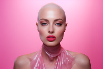 A beautiful woman with a bald head and pink lipstick, wrapped in plastic on a pink background.