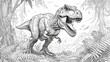 Dinosaurs: A coloring book page featuring a T-Rex roaring in a prehistoric jungle