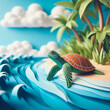 Paper art illustration of turtle at a tropical beach with palm trees under cloudy blue sky