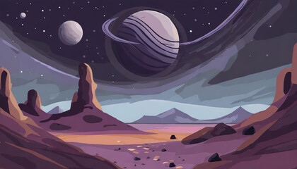 Wall Mural - Abstract illustration of space desert with rocks and craters. Cosmic landscape. Fantasy alien planet