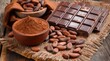 Image of cacao powder, chocolate bars and cocoa beans on wooden table. natural product photo for the magazine