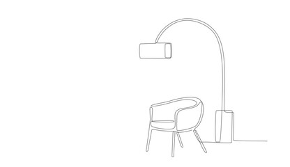 Wall Mural - Continuous line drawing of armchair and lamp. One line of interior Living room with modern furniture. Single line furniture elements. Hand draw contour of indoor furniture. Doodle vector illustration