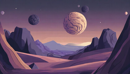 Wall Mural - Abstract illustration of space desert with rocks and craters. Cosmic landscape. Fantasy alien planet