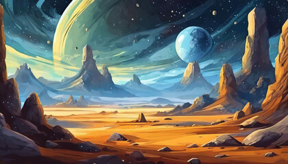 Wall Mural - Abstract illustration of space desert with rocks. Cosmic landscape. Blue sky. Fantasy planet.