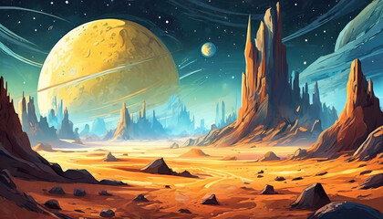 Wall Mural - Abstract illustration of space desert with rocks. Cosmic landscape. Blue sky. Fantasy planet.