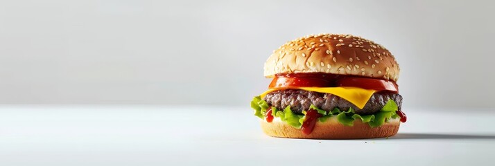 Wall Mural - A hamburger with cheese and ketchup on a white background. The burger is the main focus of the image, and the white background emphasizes its color and texture