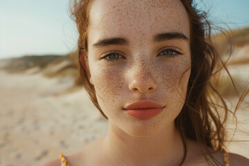 Wall Mural - A woman with freckles on her skin and hair blowing in the wind looks at the camera against the backdrop of a sandy beach.