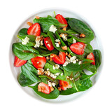 Fototapeta Mapy - Summer salad of spinach, strawberries and blue cheese in a white plate isolated on a white background