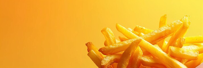 Wall Mural - A close up of a pile of french fries on a yellow background. The fries are golden brown and appear to be freshly cooked. Concept of indulgence and satisfaction