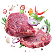 Raw beef steaks, herbs and pieces of vegetables levitating in air on white background. File contains clipping path.