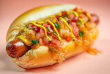 Fototapeta Most - A high-definition image of a gourmet hot dog, with all its components from the bun to the sauces and toppings displayed in vivid detail.
