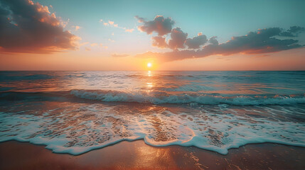 The serene early morning on a beach, with long exposure capturing the gradual color change in the sky and the peaceful ocean waves