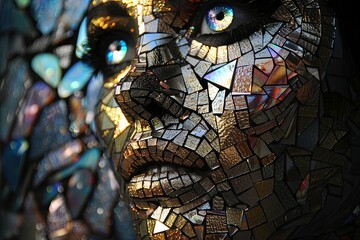 Wall Mural - A striking image of a woman's face crafted from a mosaic of shiny stones, each reflecting magical light. The stones merge to form her features, with a focus on the luminous quality of her eyes.