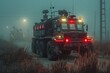 Armored cyberpunk truck patrolling a restricted zone, equipped with surveillance cameras and defense mechanisms, foggy night , stock photographic style