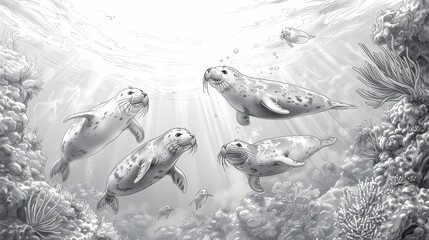 Wall Mural - Underwater: A coloring book page showcasing a group of playful seals swimming in crystal-clear waters