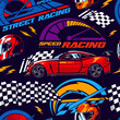 Street racing seamless pattern colorful