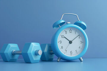 Alarm clock with dumbbells on blue background. Working out concept, fitness, sport activity, healthy lifestyle theme, consistency in workouts, equipment for home workouts or exercises in a gym.