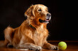 A Golden Retriever sitting obediently with a tennis ball in its mouth.