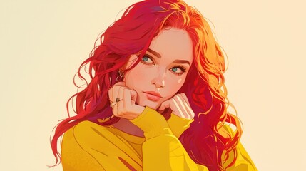 Canvas Print - Illustration of a fashionable young woman with red hair captured in a 2d portrait The design is isolated on a white background