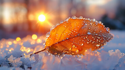 Wall Mural - Tiny ice crystals forming on a leaf during an early winter morning, capturing the intricate patterns with a macro lens