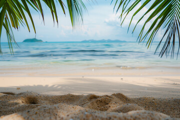 Wall Mural - Sandy tropical beach background. Palm leaves in the top corners making frame. High quality photo