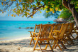 tropical vacation concept. Colorfull wooden chairs sunbeds on the sandy beach. High quality photo