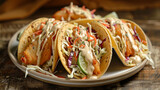 Fototapeta Most - A plate of crispy, golden fish tacos, with cabbage slaw and creamy sauce drizzled on top, served with a slice of lime. The focus is on the contrast of textures and colors.