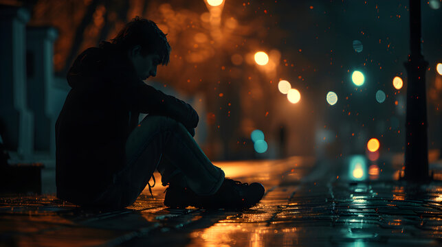 A sad person sitting in the dark on a street background for self-harm awareness month, portraying social issues.