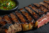 Fototapeta Most - A perfectly grilled Argentine steak, with char marks visible on the surface, next to a side of chimichurri sauce. The image showcases the steak's juicy interior.