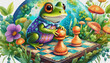 oil painting style CARTOON CHARACTER CUTE baby frog game of chess