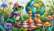 oil painting style CARTOON CHARACTER CUTE baby frog game of chess