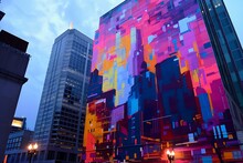  A Mural Of An Abstract Cityscape At Night On A Tall Building