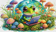 oil painting style CARTOON CHARACTER CUTE baby frog game of lap top