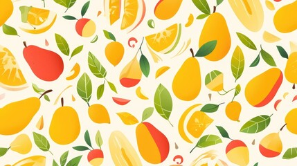 Poster - A vibrant and lively pattern features a playful cartoon mango against a white backdrop This cheerful design includes a vivid slice of this delicious fruit perfect for embellishing m