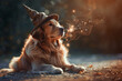 A Golden Retriever wearing a wizard hat, casting a magic spell.