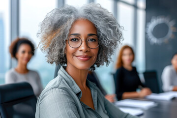 Wall Mural - A woman with curly hair and glasses is smiling at the camera