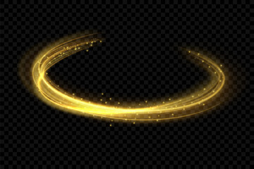 Wall Mural - Rotating shining rings. Shine magic gold swirl with flare sparkles . Golden glowing shiny spiral lines effect. Curved yellow line light. Glittering wavy trail. Swirling glow dynamic neon circles.