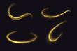 Golden light trails, light in motion, glowing speed lines with sparkles. Bright gold decoration, luminescent swirls isolated on black background. Vector illustration.
