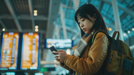 Young asian woman in international airport, using mobile smartphone and checking flight at the flight information board