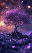 A mystical purple tree bathed in ethereal light and sparkling glimmers