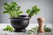 'pestle mortar green herbs white background basil herb seasoning organic isolated cooking food ingredient dill parsley collage'